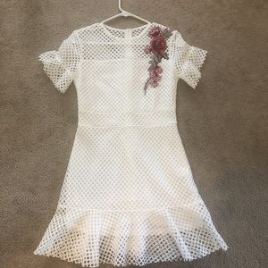 Midi Length White Net Dress with Rose Appliqué